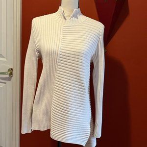 CAbi Buckle Back Ribbed Knit Asymmetrical Sweater